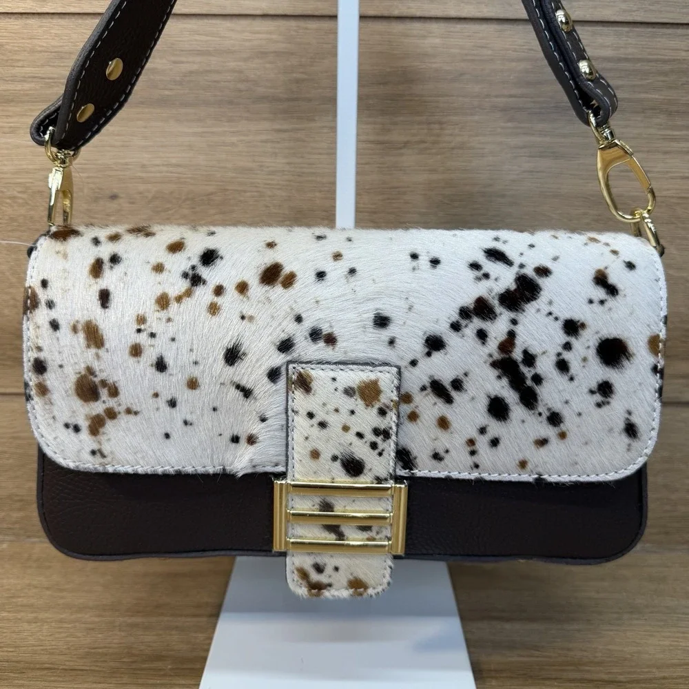 Divine Firenze Italy Calf Hair Cowhide Leather Baguette Flap Shoulder Bag Purse